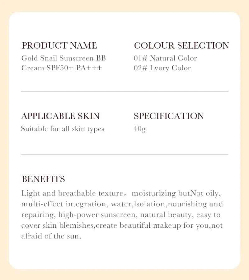 SADOER Gold Snail Sunscreen BB Cream Foundation Concealer Moisturizing Isolation Cream SPF50+PA+++ 40g